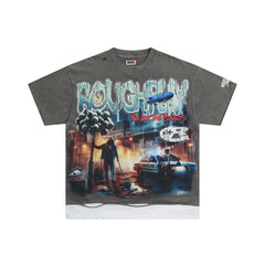 Vintage Washed Grey Skull Slogan Graphic Oversized T‑Shirt