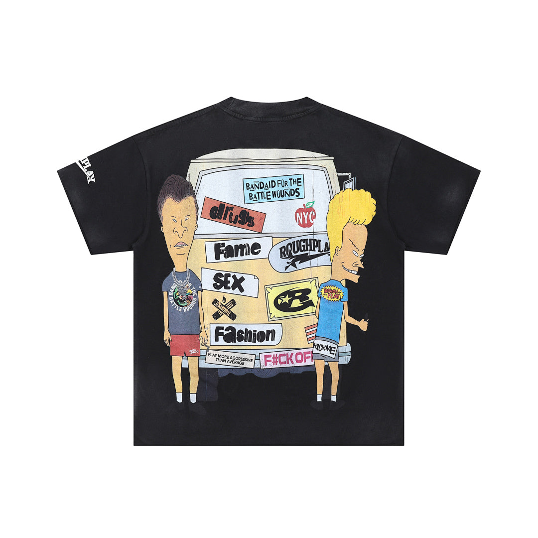 Roughplay Retro Cartoon Collage Graphic Short Sleeve Tee Men Oversized Streetwear T‑Shirt