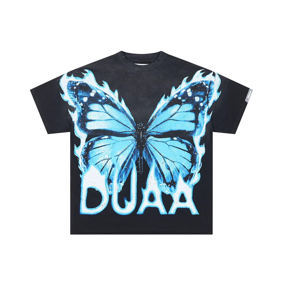 Black Vintage Blue Butterfly DUAA Graphic Oversized T‑Shirt
