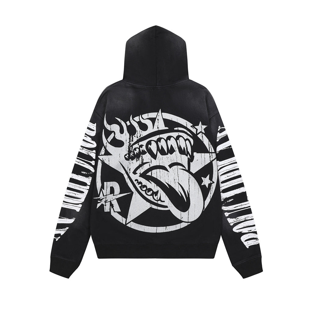 Roughplay Black Skull Tongue Graphic Hoodie Men Oversized Streetwear Pullover