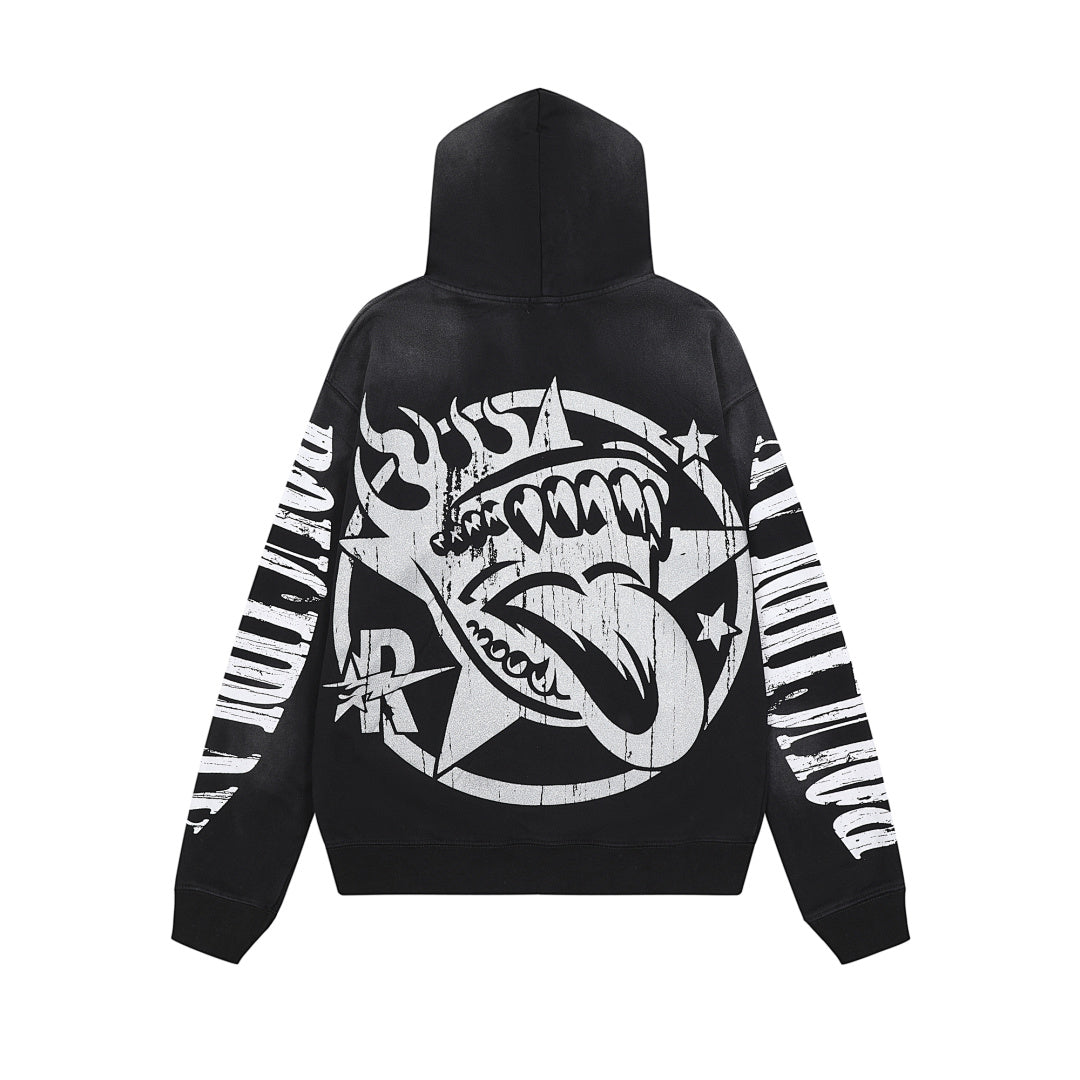 Roughplay Black Skull Tongue Graphic Hoodie Men Oversized Streetwear Pullover