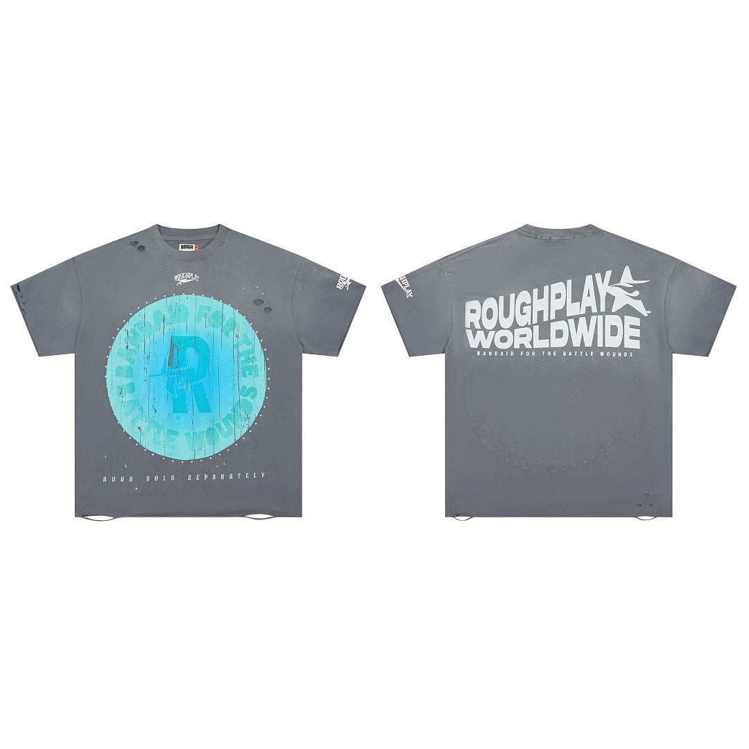 Oversized Washed Grey Graphic Tee Roughplay Worldwide Streetwear Short Sleeve T‑Shirt