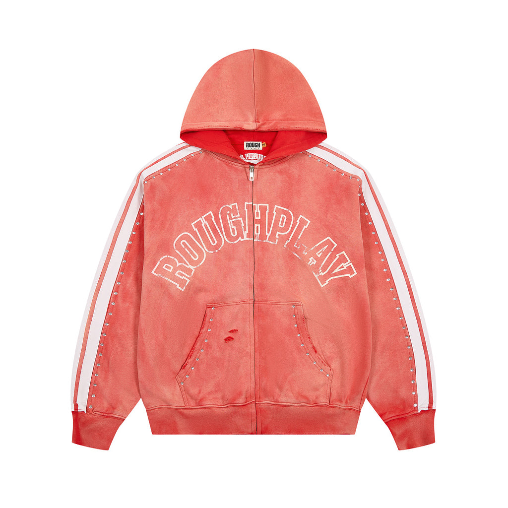 Red Washed Side Stripe Gothic Letter DUAA Zip‑Up Hoodie