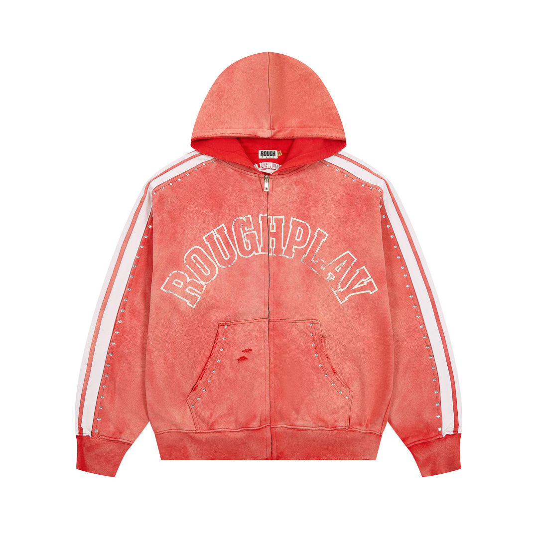 Red Washed Side Stripe Gothic Letter DUAA Zip‑Up Hoodie