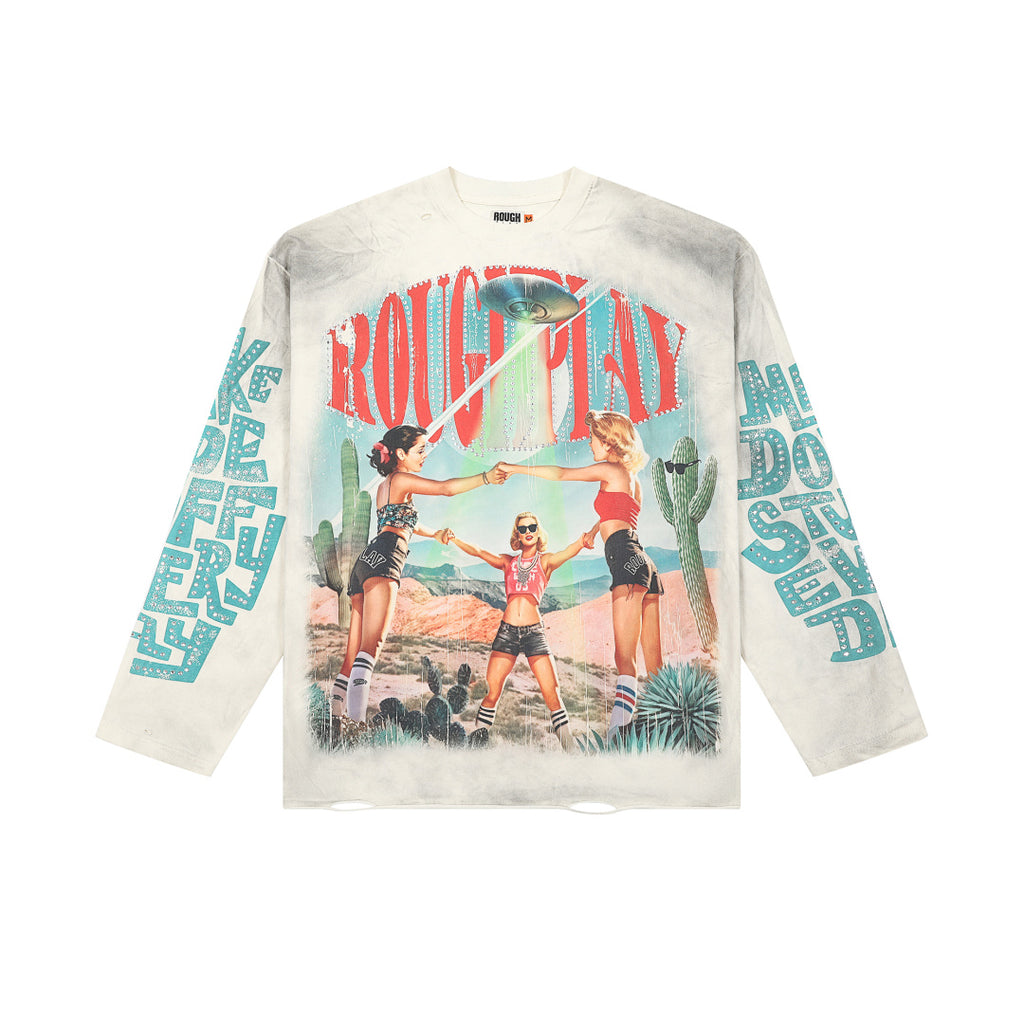 Roughplay Vintage Retro Poster Graphic Long Sleeve Tee Men Oversized Streetwear Top