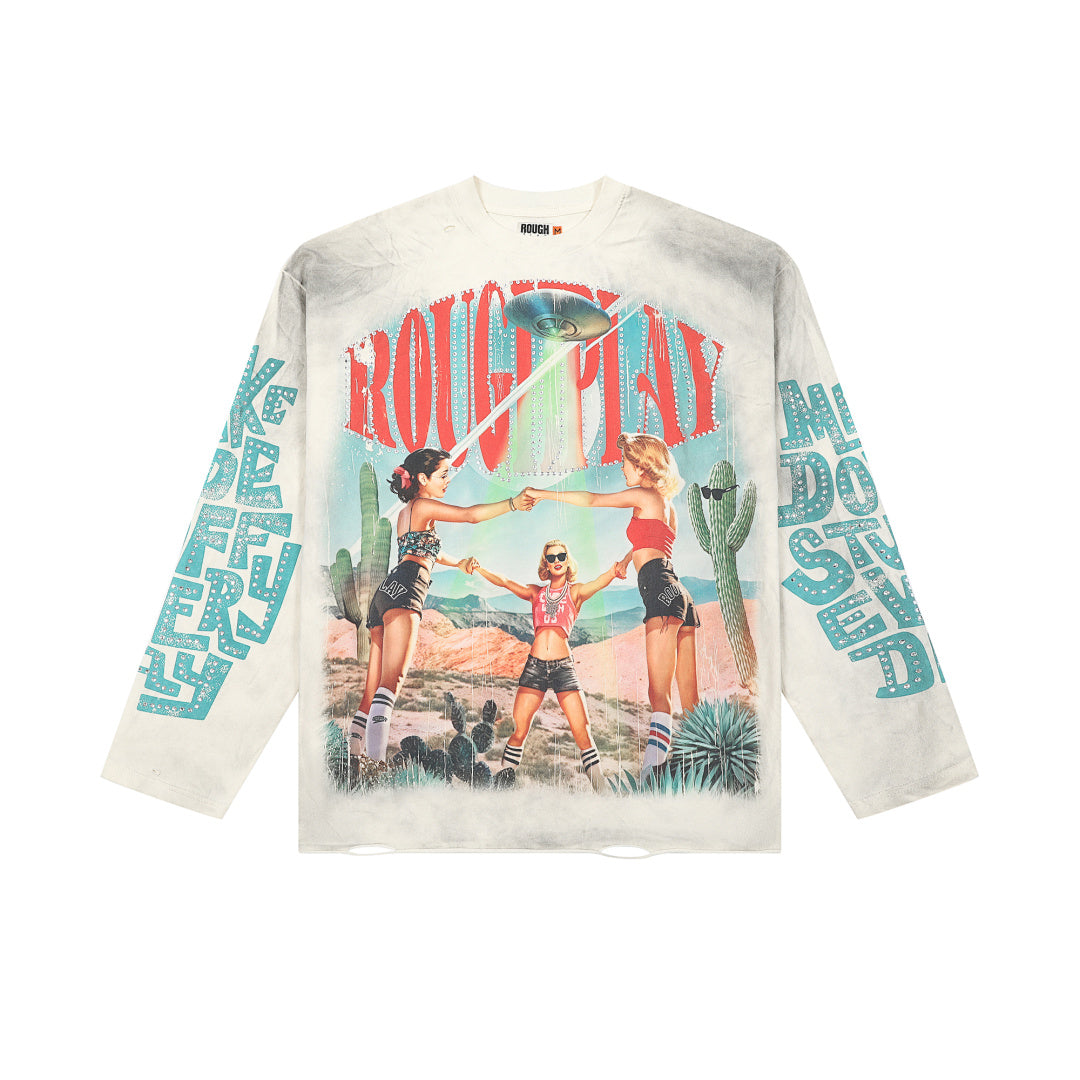 Roughplay Vintage Retro Poster Graphic Long Sleeve Tee Men Oversized Streetwear Top