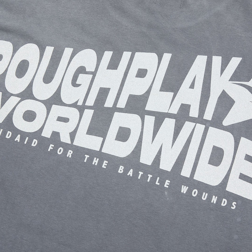 Oversized Washed Grey Graphic Tee Roughplay Worldwide Streetwear Short Sleeve T‑Shirt