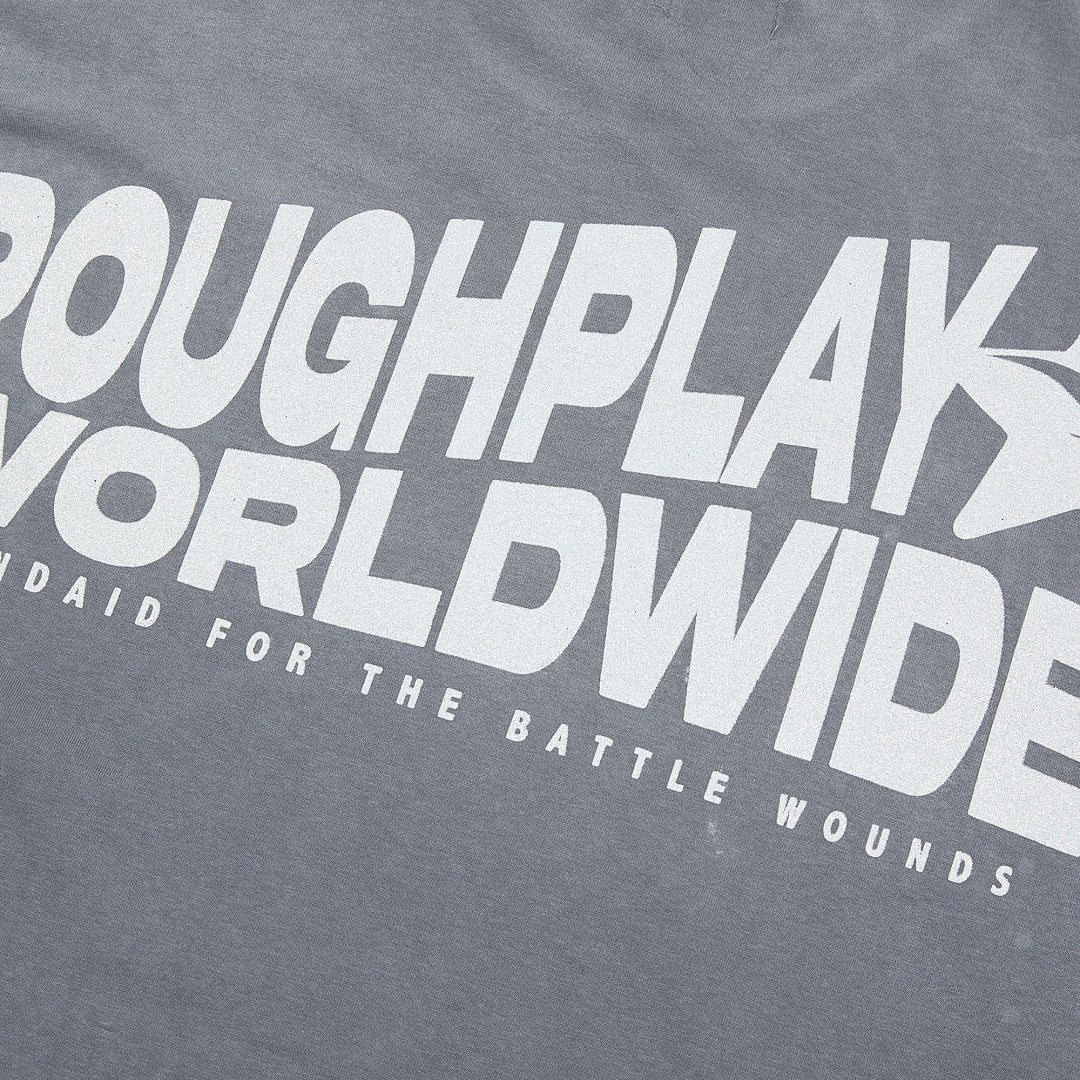 Oversized Washed Grey Graphic Tee Roughplay Worldwide Streetwear Short Sleeve T‑Shirt