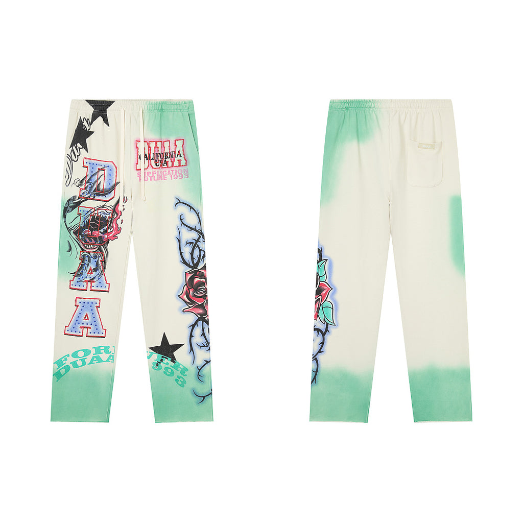 Tie‑Dye Rose Tattoo Graphic Wide‑Leg Sweatpants
