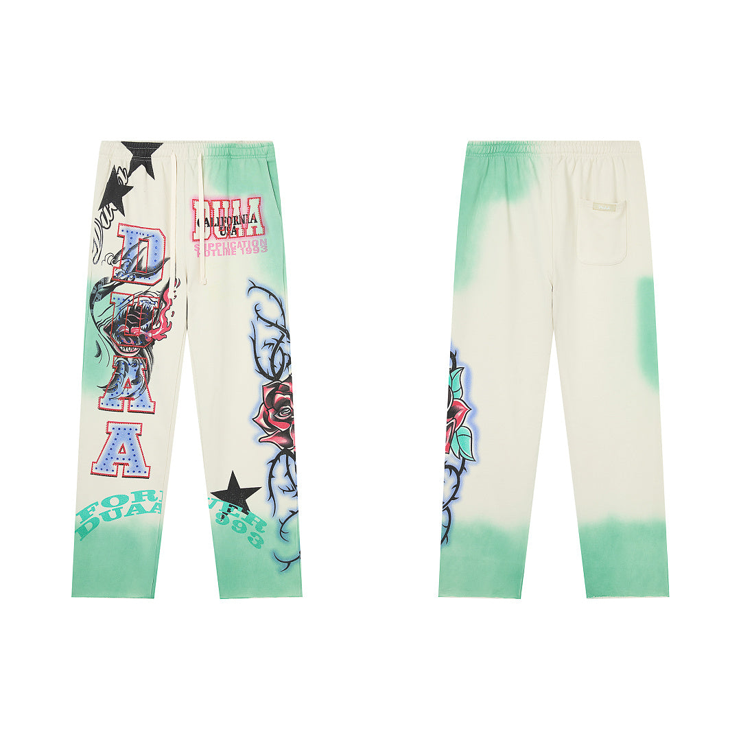 Tie‑Dye Rose Tattoo Graphic Wide‑Leg Sweatpants