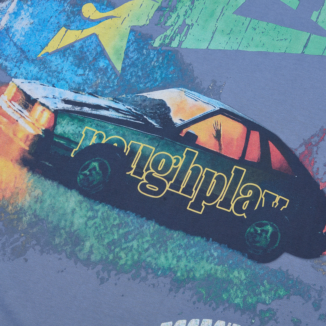 Vintage Washed Blue Rock Car Graphic Oversized Tee Streetwear Short Sleeve T‑Shirt