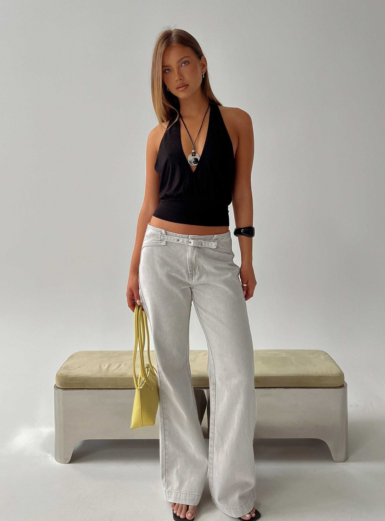 Mid Rise Bootleg Belted Jeans Desert Grey