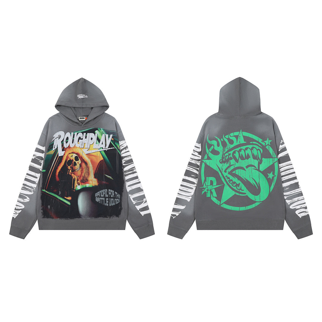 Roughplay Dark Grey Skull Tongue Graphic Hoodie Men Oversized Streetwear Pullover