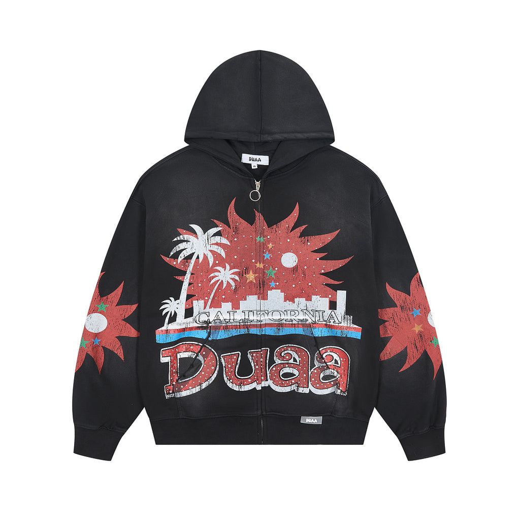 Black Vintage City Palm Tree Graphic Oversized Zip‑Up Hoodie