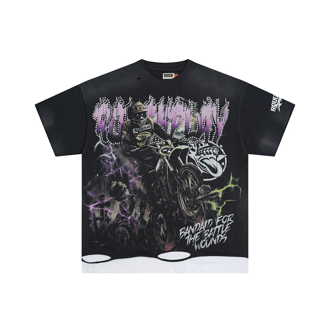 Vintage Washed Black Purple Skull Globe Graphic Oversized T‑Shirt