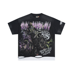 Vintage Washed Black Purple Skull Globe Graphic Oversized T‑Shirt