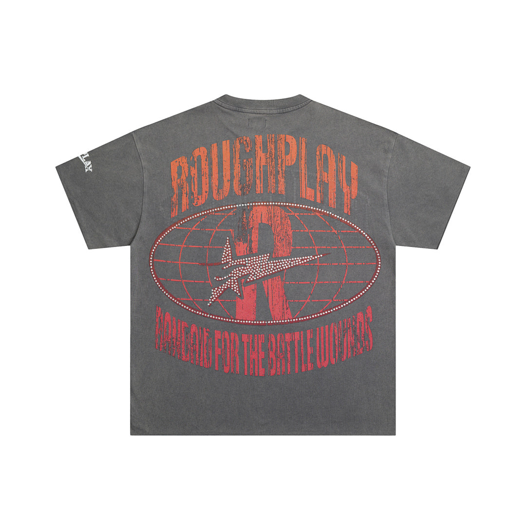 Vintage Washed Grey Retro Poster Globe Graphic Oversized T‑Shirt