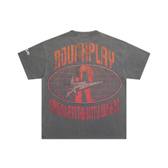 Vintage Washed Grey Retro Poster Globe Graphic Oversized T‑Shirt
