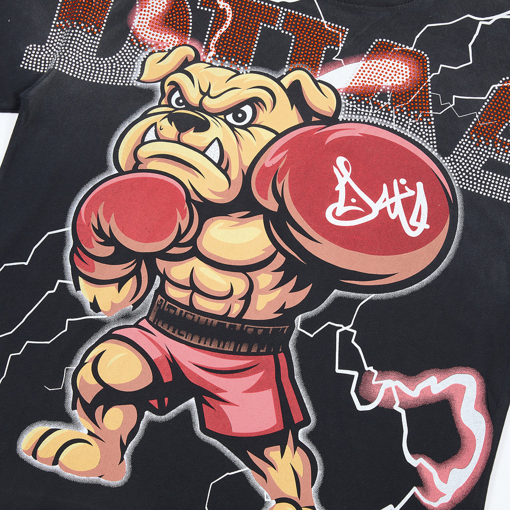 Black Vintage Boxing Bulldog Graphic Oversized T‑Shirt