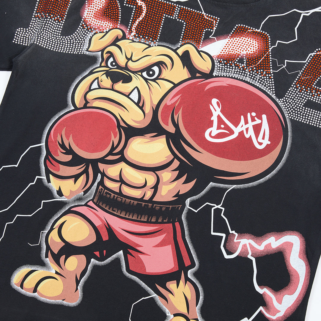 Black Vintage Boxing Bulldog Graphic Oversized T‑Shirt