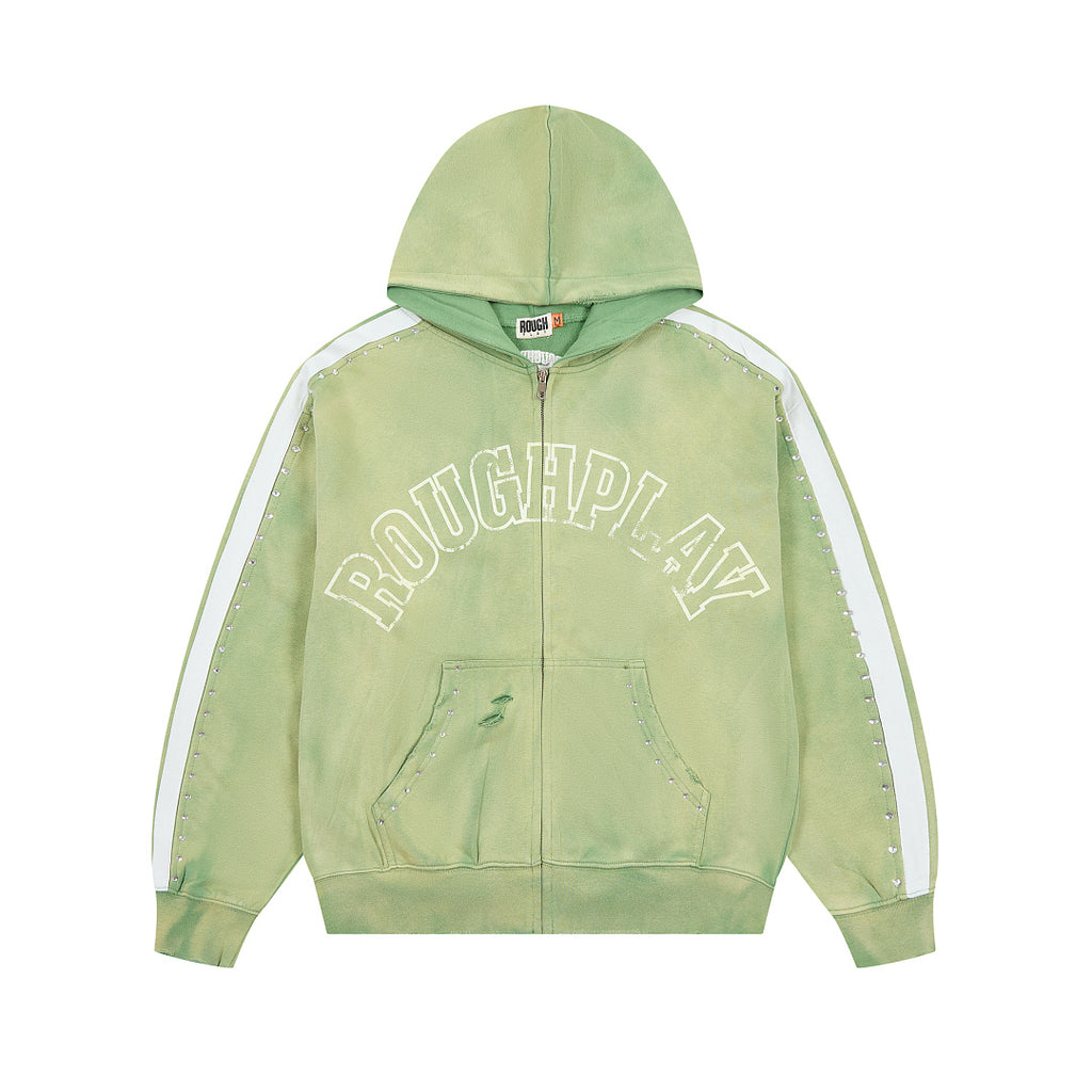 Green Washed Side Stripe Gothic Letter DUAA Zip‑Up Hoodie