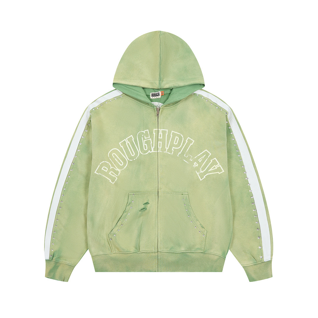 Green Washed Side Stripe Gothic Letter DUAA Zip‑Up Hoodie