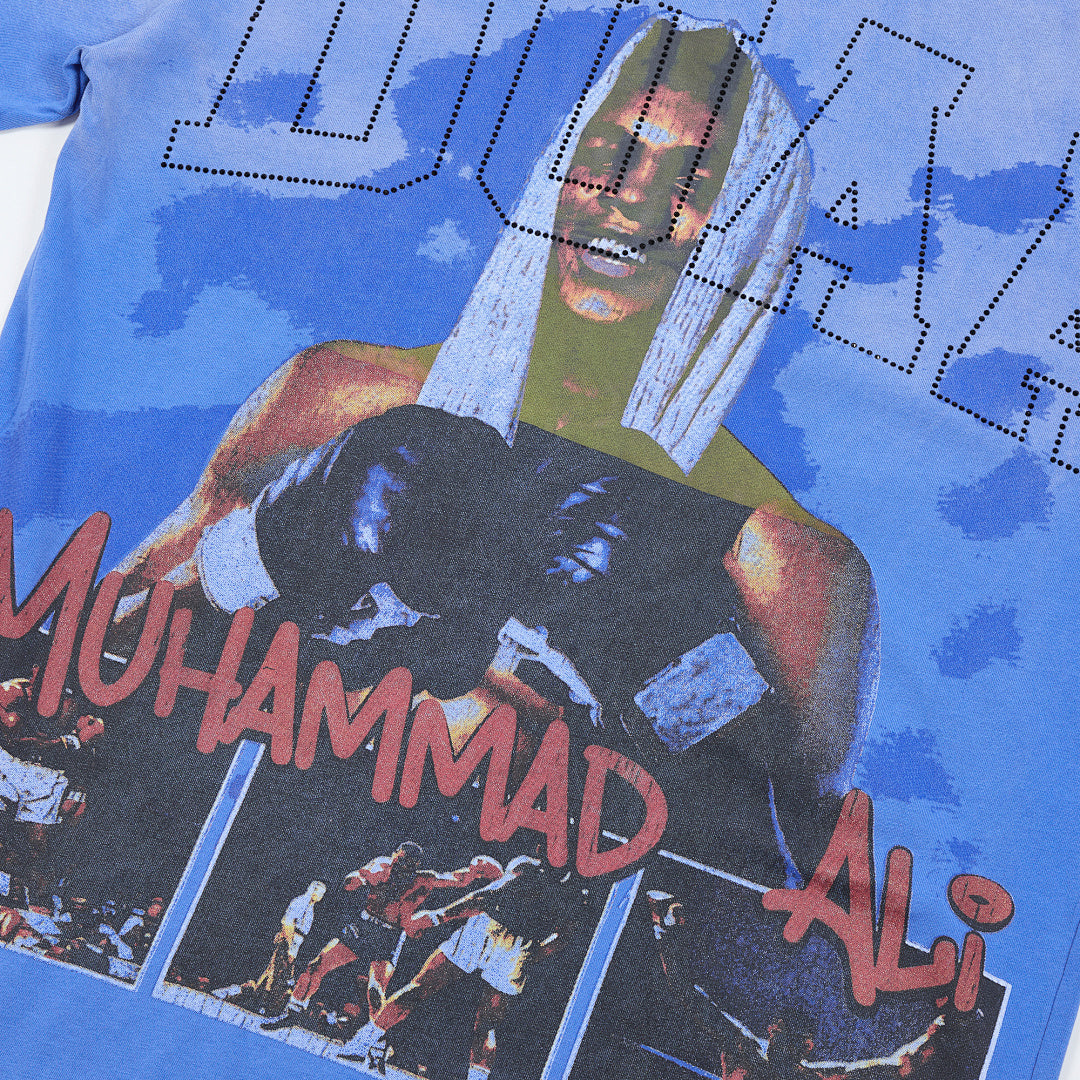 Blue Washed Muhammad Ali Vintage Portrait DUAA Graphic Oversized T‑Shirt