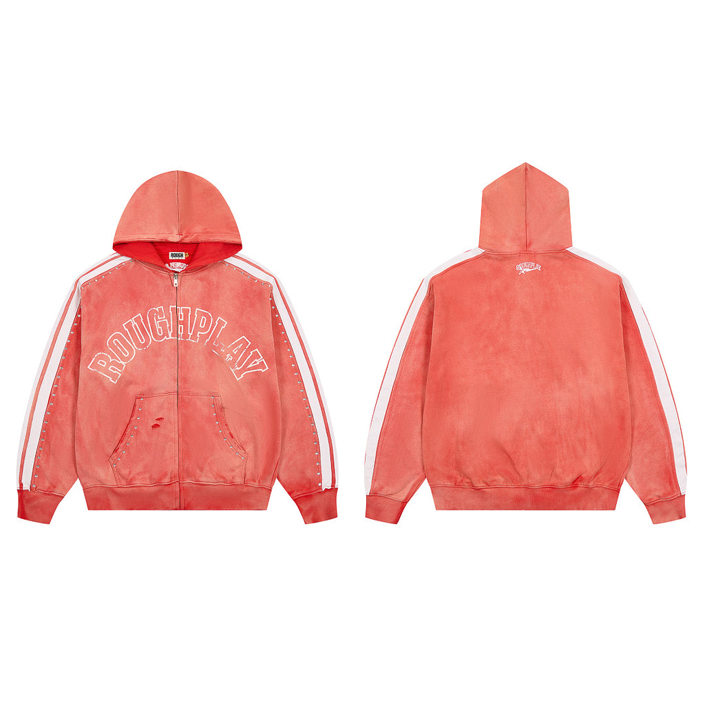 Red Washed Side Stripe Gothic Letter DUAA Zip‑Up Hoodie