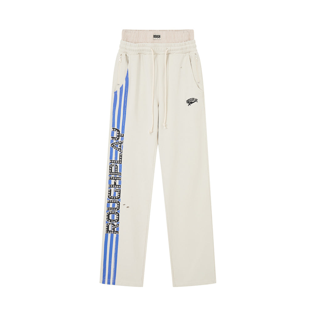 Roughplay Cream Side Stripe Letter Print Wide Leg Sweatpants Men Streetwear Loose Trousers