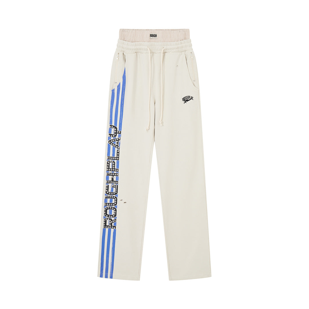 Roughplay Cream Side Stripe Letter Print Wide Leg Sweatpants Men Streetwear Loose Trousers