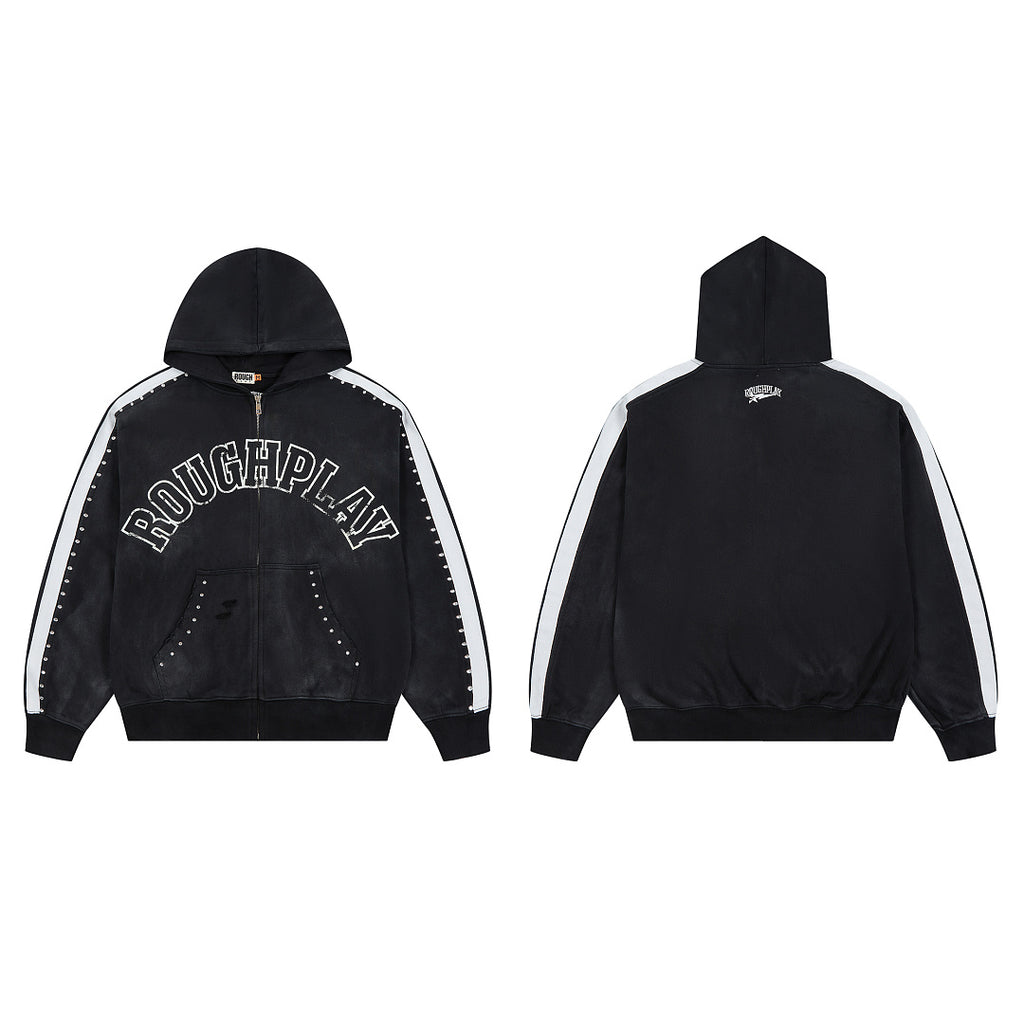 Black Washed Side Stripe Gothic Letter DUAA Zip‑Up Hoodie
