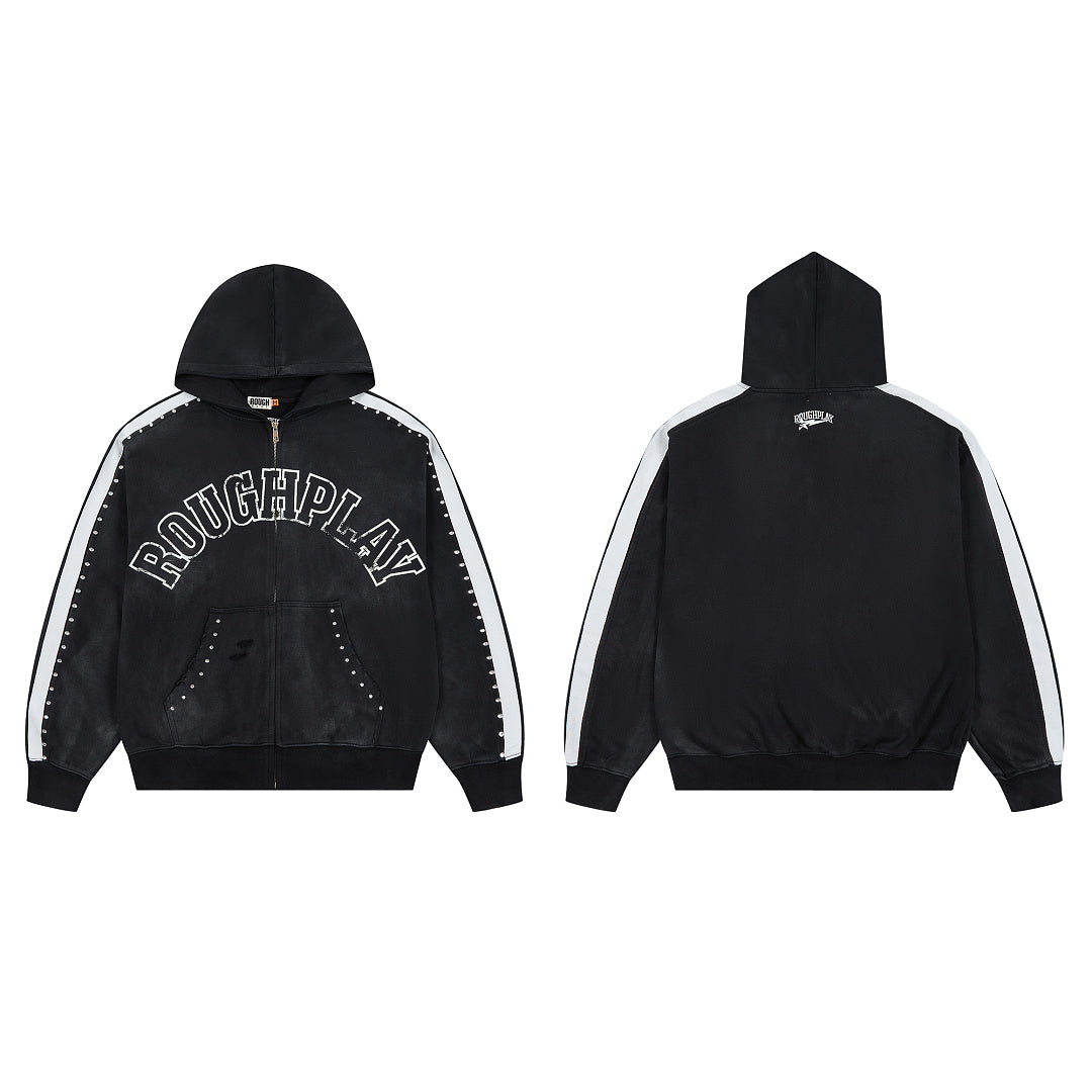 Black Washed Side Stripe Gothic Letter DUAA Zip‑Up Hoodie