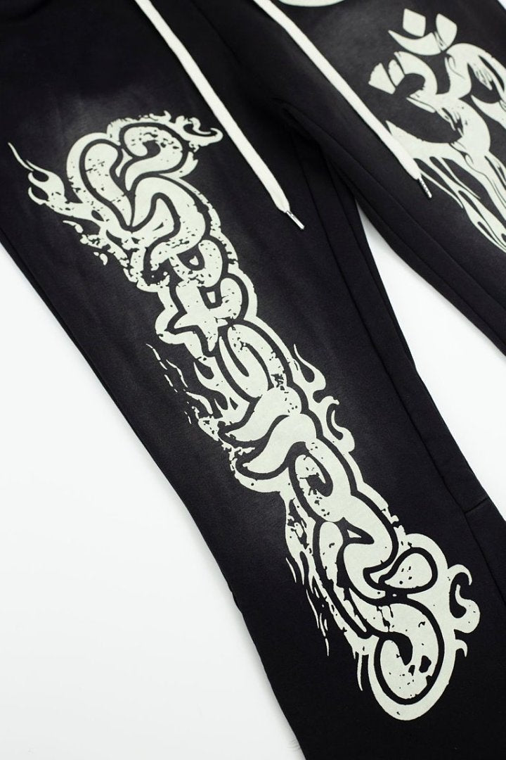 Black Gothic Embroidery Loose‑Fit Flare Casual Sweatpants