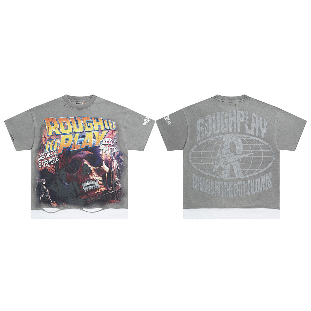 Vintage Washed Grey Skull Globe Graphic Oversized T‑Shirt