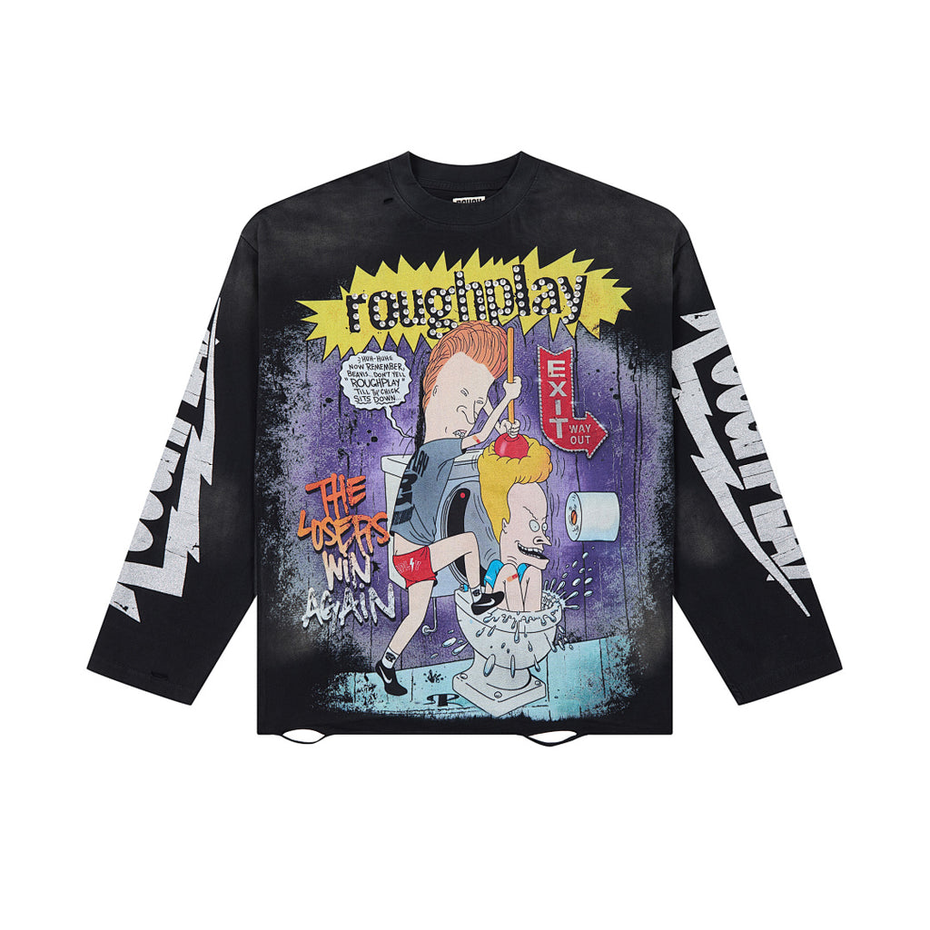 Roughplay Black Vintage Comic Graphic Long Sleeve Tee Men Oversized Streetwear Top