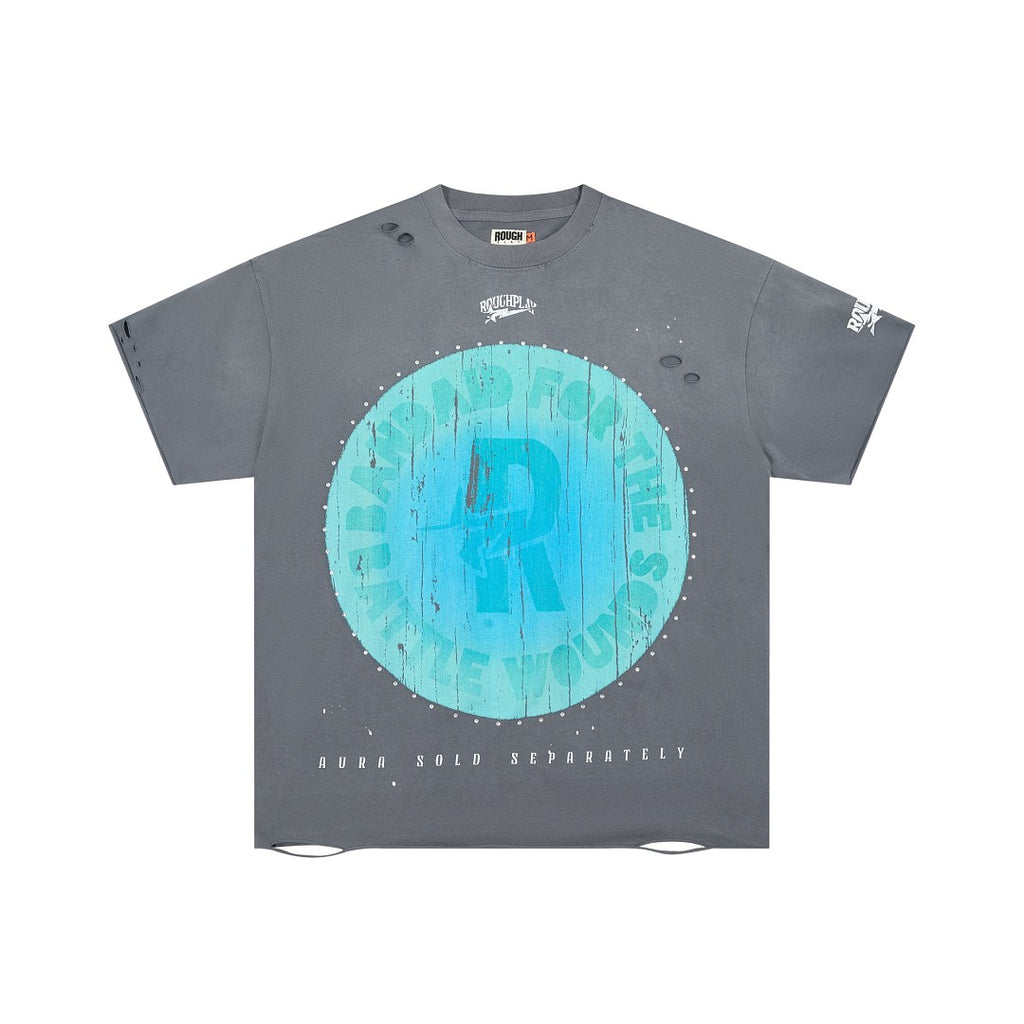 Oversized Washed Grey Graphic Tee Roughplay Worldwide Streetwear Short Sleeve T‑Shirt