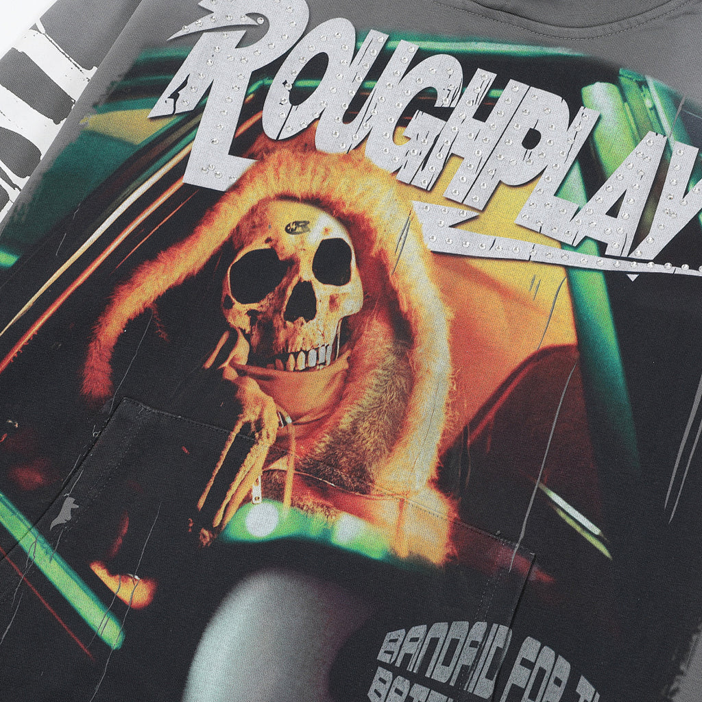 Roughplay Dark Grey Skull Tongue Graphic Hoodie Men Oversized Streetwear Pullover