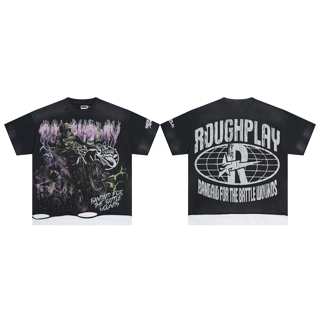 Vintage Washed Black Purple Skull Globe Graphic Oversized T‑Shirt