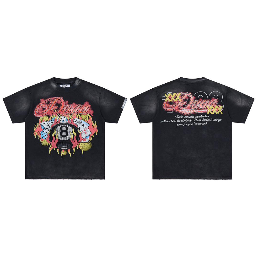 Black Washed 8‑Ball Poker Card DUAA Double‑Sided Graphic Oversized T‑Shirt