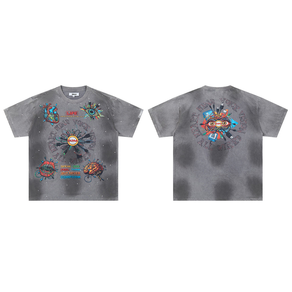 Washed Grey Psychedelic Abstract Art DUAA Graphic Oversized T‑Shirt