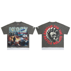 Vintage Washed Grey Skull Slogan Graphic Oversized T‑Shirt