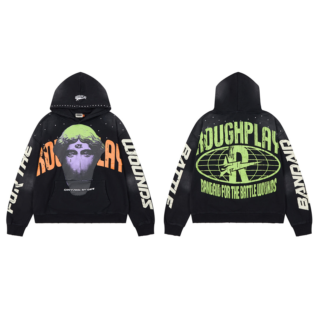 Roughplay Black Neon Green Portrait Graphic Hoodie Men Oversized Streetwear Pullover