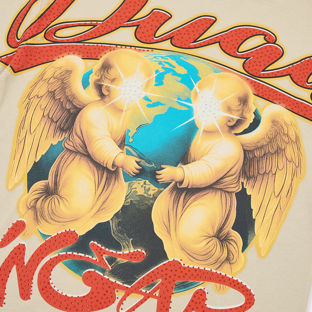 Beige Vintage Angel Globe Graphic Oversized T‑Shirt