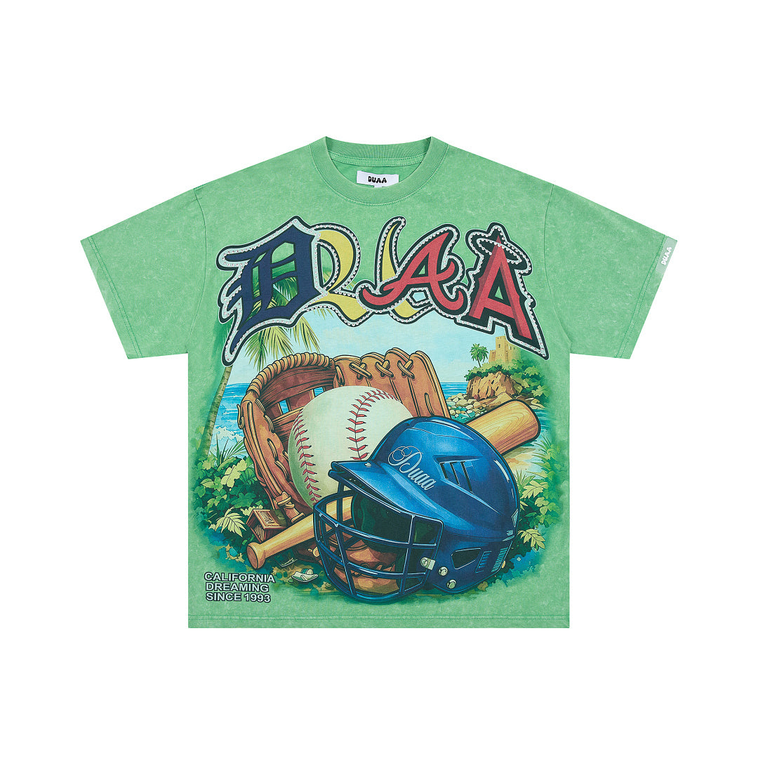 Green Vintage Baseball Graphic Oversized T‑Shirt