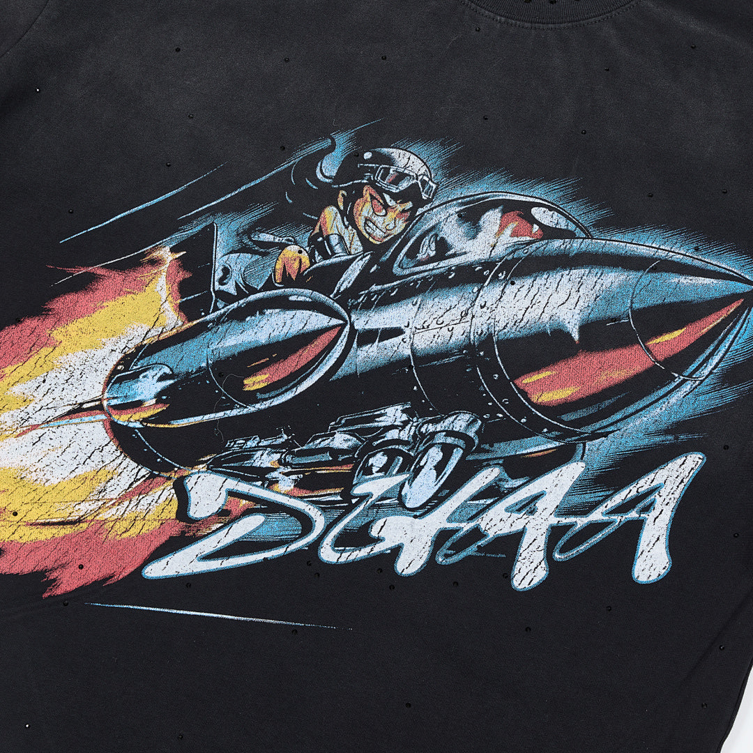 Black Vintage Racing Car DUAA Flame Graphic Oversized T‑Shirt