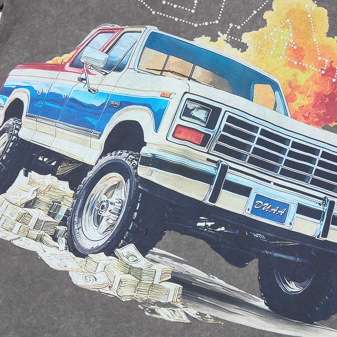 Washed Dark Grey Vintage Off‑Road Truck Graphic Oversized T‑Shirt