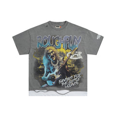 Vintage Washed Grey Rock Music Globe Graphic Oversized T‑Shirt