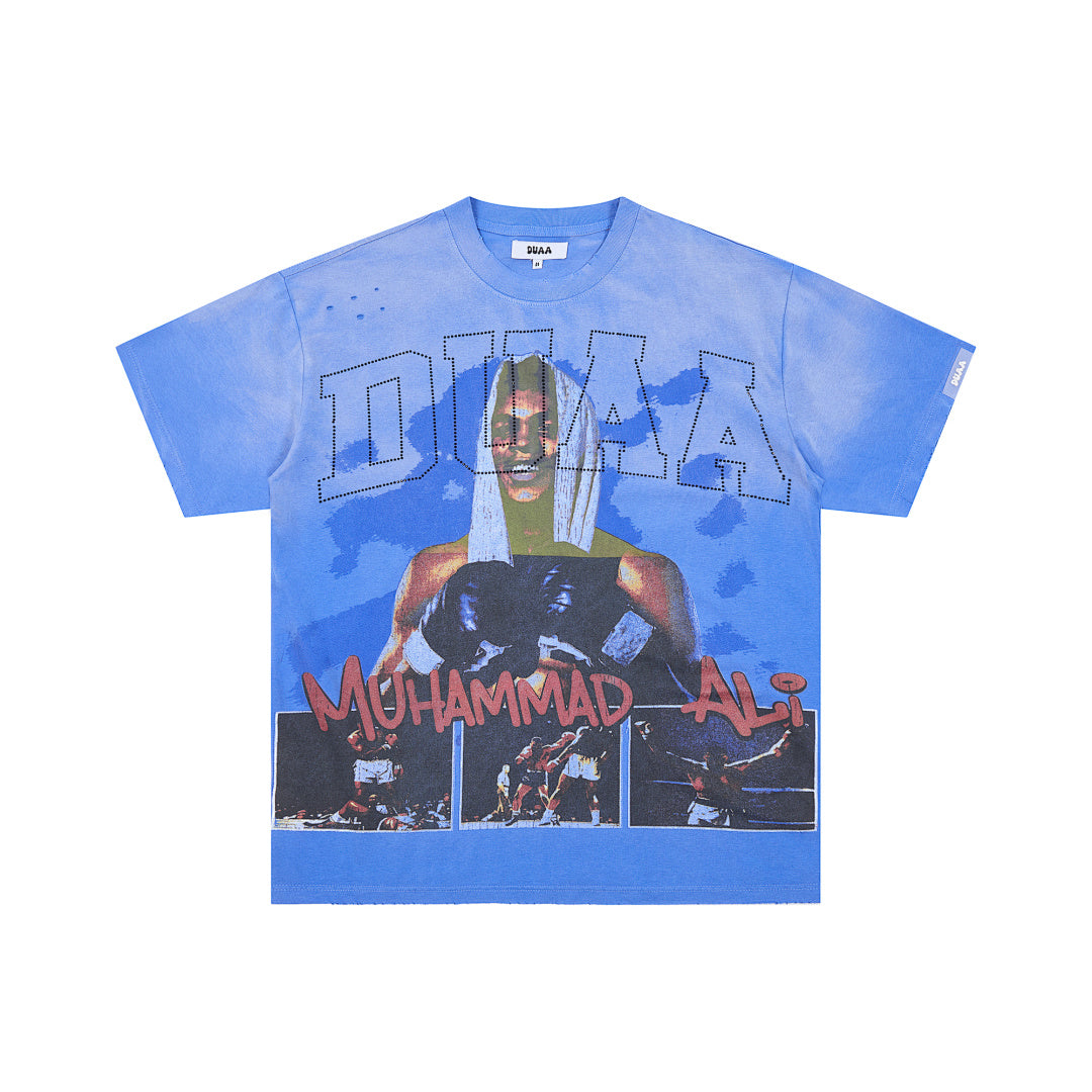 Blue Washed Muhammad Ali Vintage Portrait DUAA Graphic Oversized T‑Shirt
