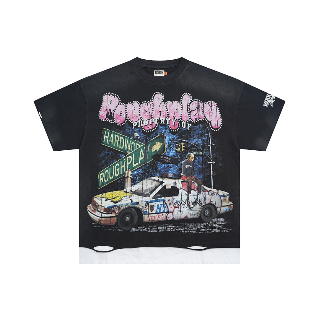 Vintage Washed Black Night Street Racing Car Graphic Oversized T‑Shirt