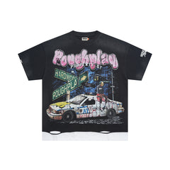 Vintage Washed Black Night Street Racing Car Graphic Oversized T‑Shirt